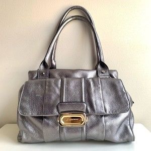 B Makowsky Metallic Silver Soft Pebbled Leather Shoulder Bag Purse